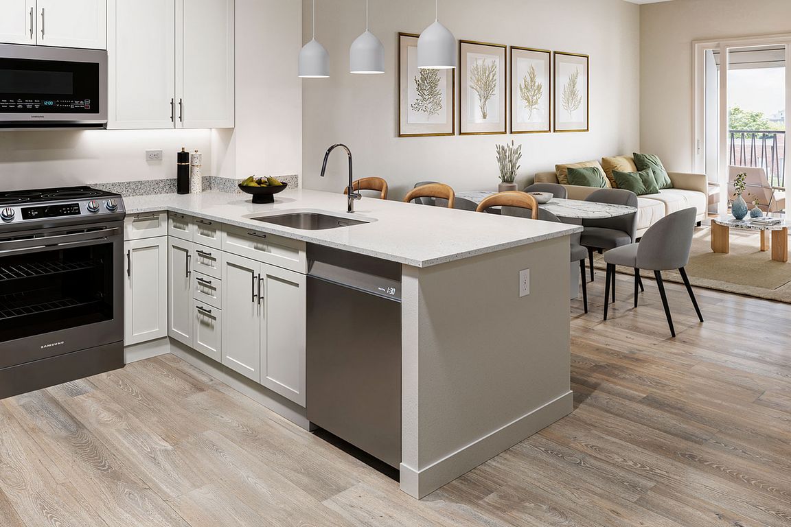 Experience the elegance of this contemporary kitchen and living area designed for modern comfort.