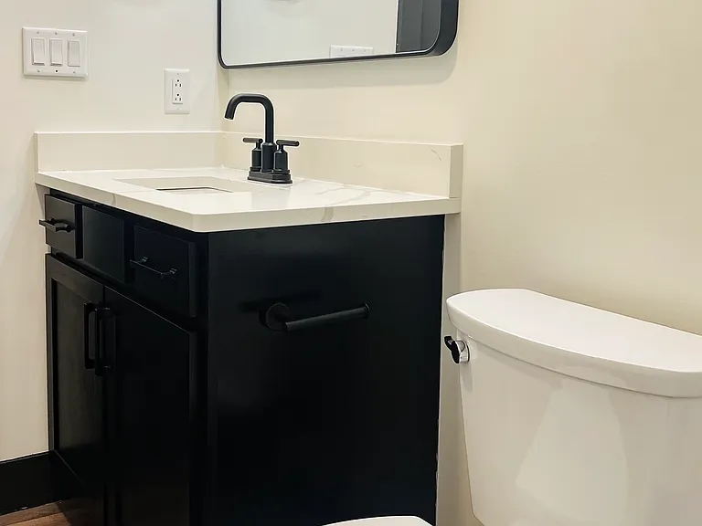 Primary ensuite bathroom: Vanity and shower/bathtub combo