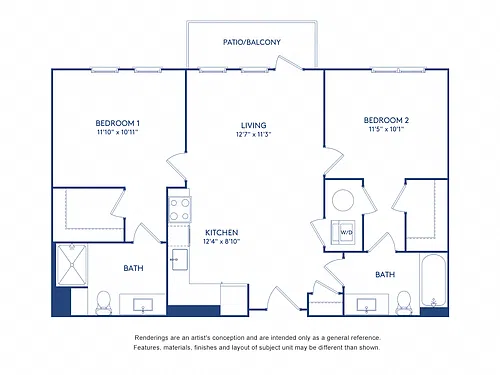 Floor plan 2 BR 2 BA (906 SF)