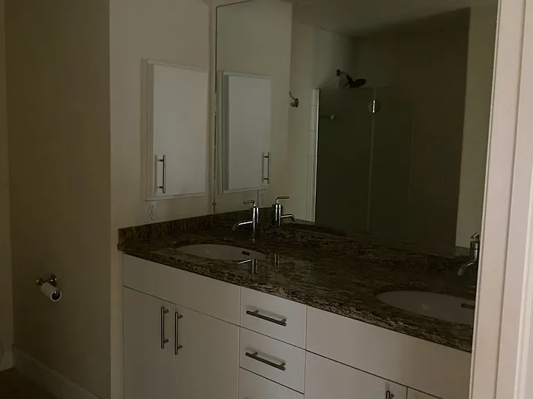 Master bathroom offers double sink with granite counter tops and shower/tub combo.