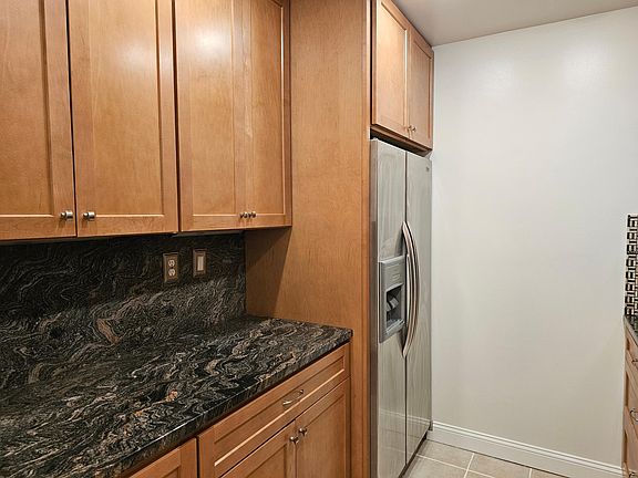 Designer kitchen features. Cabinets reach to the ceiling and lots of them. Large fridge.