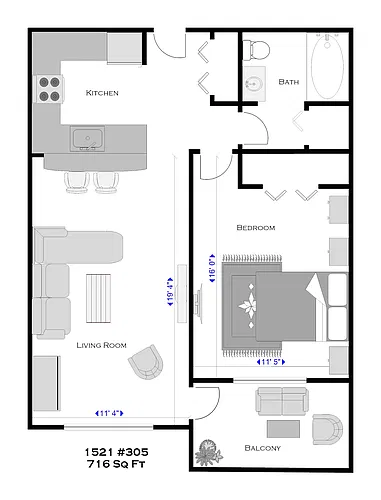 Floor plan One Bedroom w/Deck+