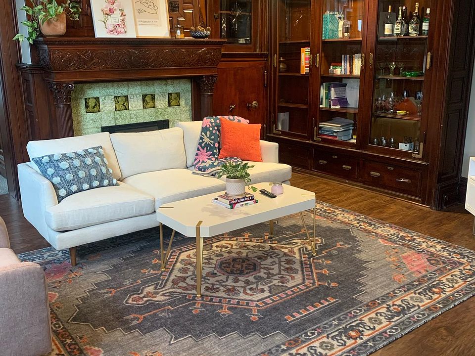 Large living room with gorgeous original built-ins