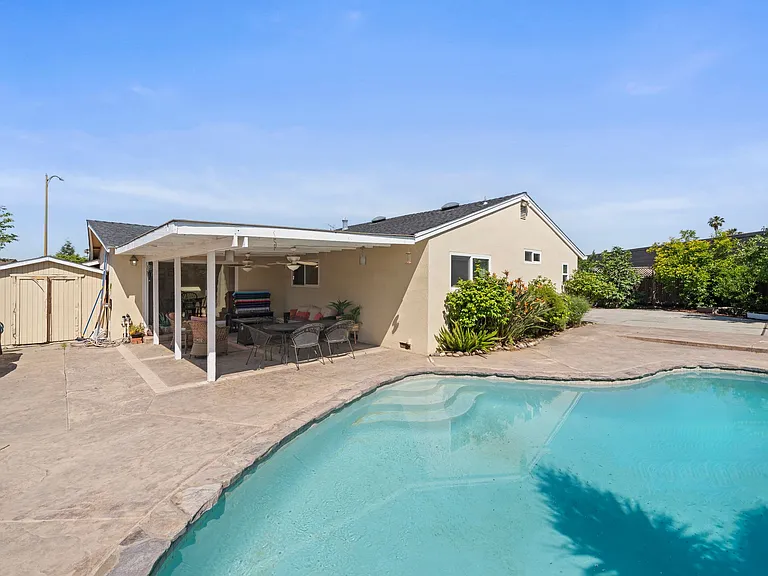 Backyard with pool & mature fruit trees