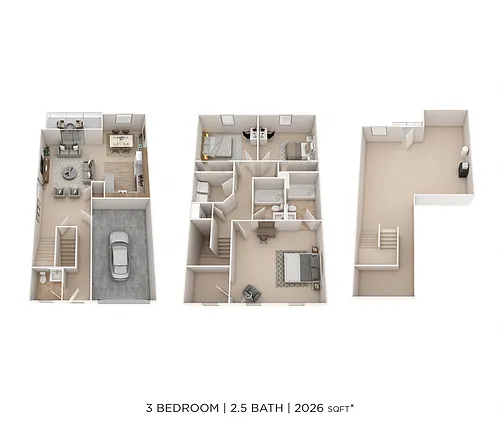 Floor plan Three Bedroom 2.5 Bath Townhome with Garage