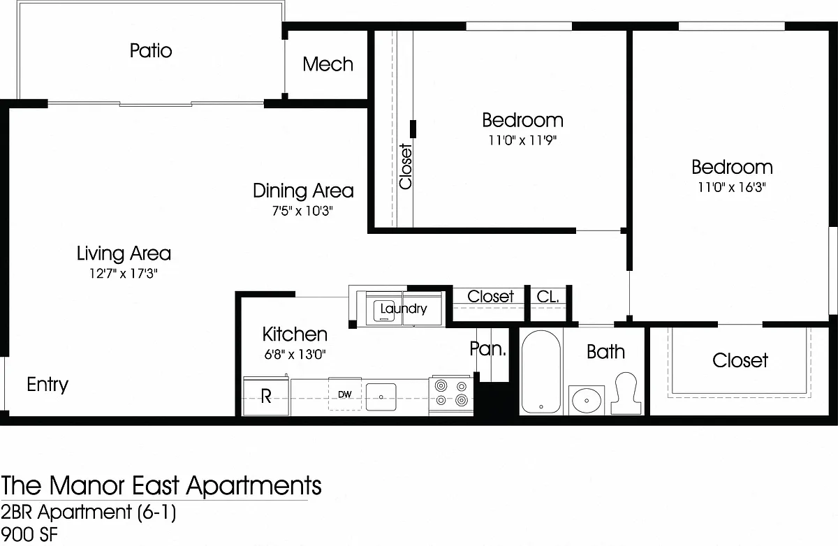 Floor plan Manor East 2BR 1BA (900sf)