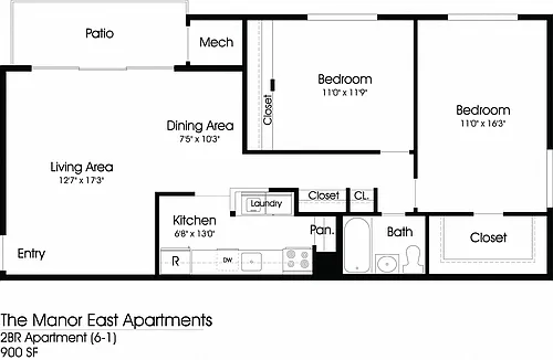 Floor plan Manor East 2BR 1BA (900sf)