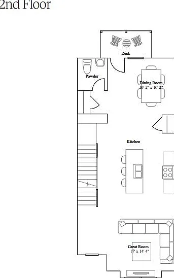 2nd Floor plan - Kitchen, Living Room, Dinning Area, Powder room and Deck.