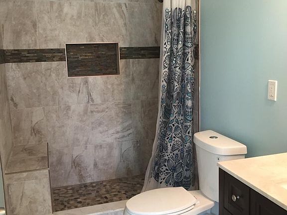 bathroom, tile shower with bench