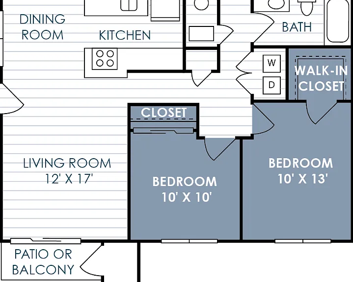 2 Bedroom 1 Bathroom Floorplan Diagram