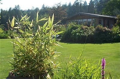 Large, flat lawn that flows to water's edge. Play croquett or badmiton or a tough game of touch foot