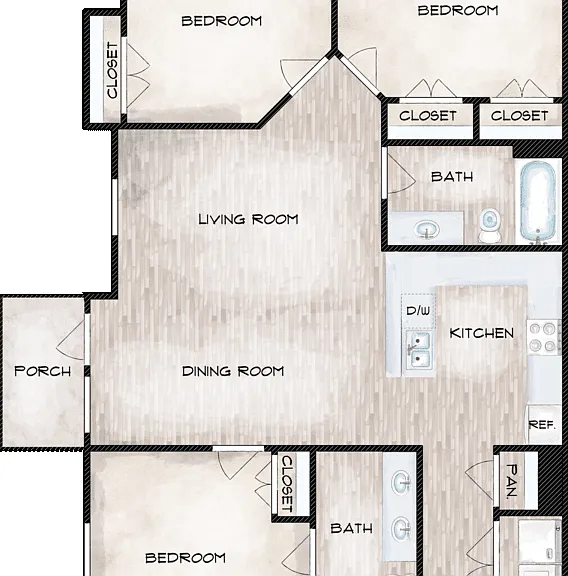 3 Bed 2 Bath Floorplan Diagram
