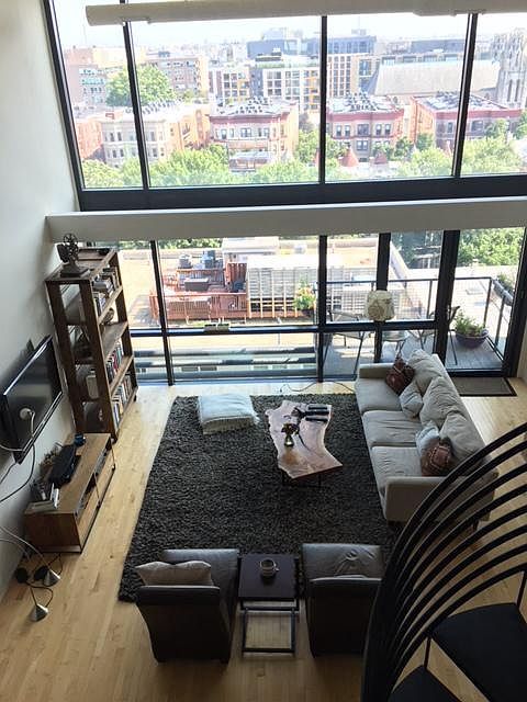 The living room and view, as seen from the lofted bedroom upstairs