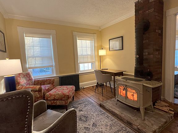Woodstove Reading Room w desk & 28" monitor (not shown, but there!)
