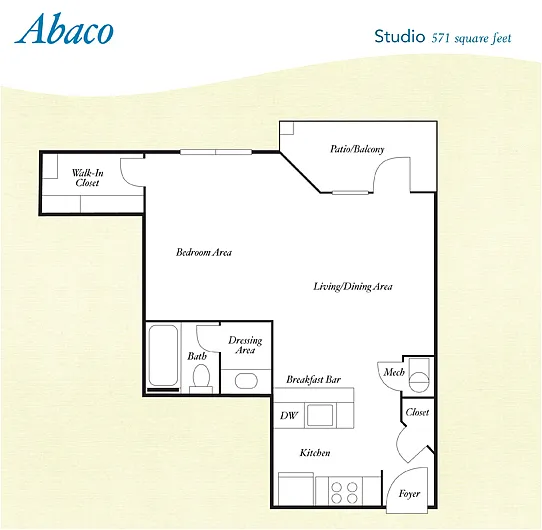 Floor plan S2 - Abaco - Studio, One Bathroom