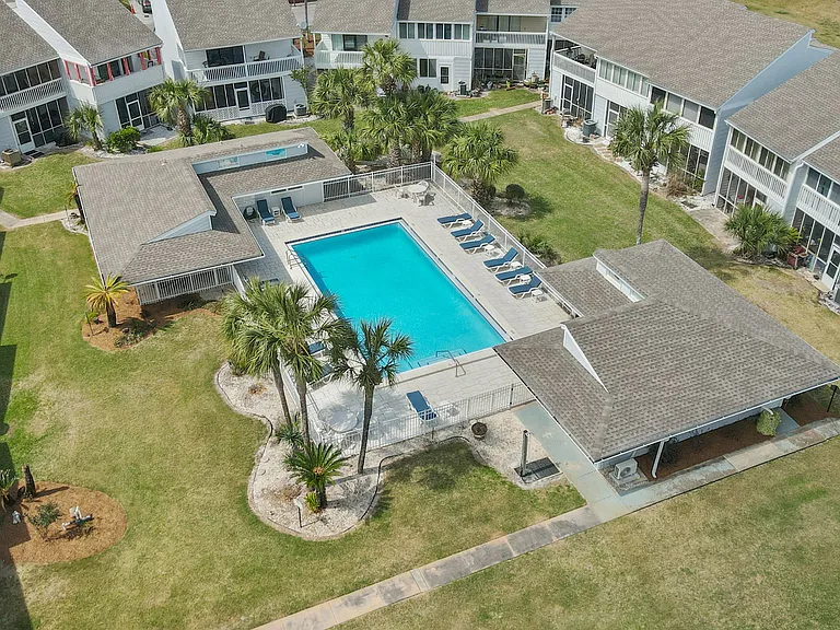 Arial view of the spacious landscape and pool