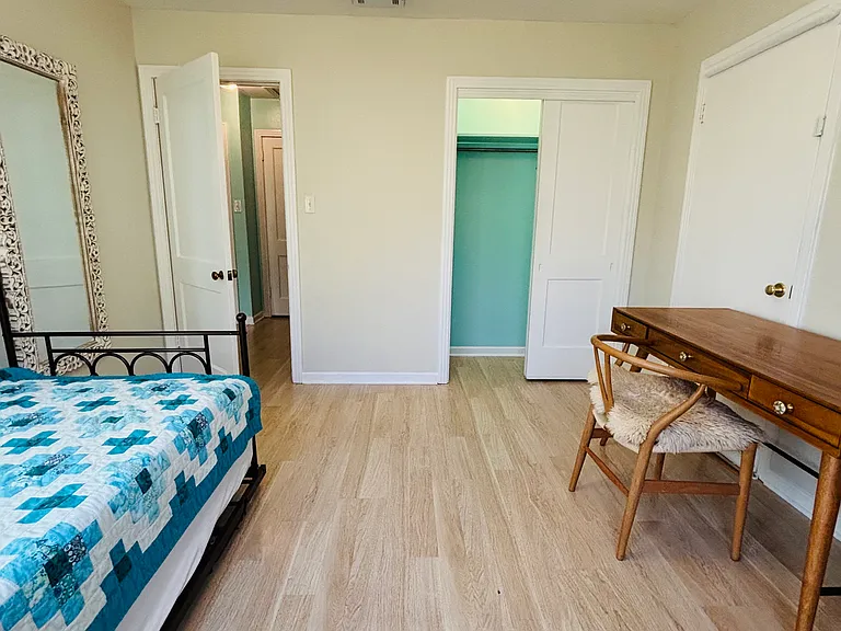 Ample storage with closet and flexible layout for dresser and desk.