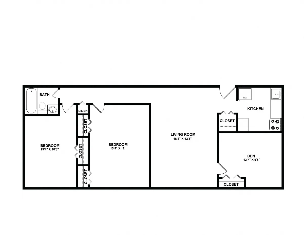 Floor plan 2 Bedroom 1 Bath Den