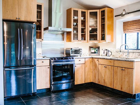 double deep sink, electric range and large fridge