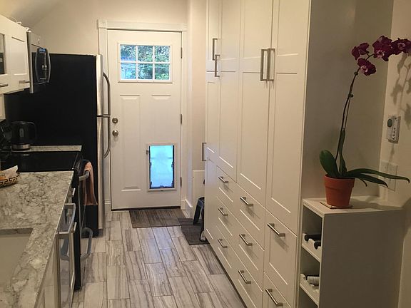 Kitchen - wall to wall cabinets and dog door to back yard