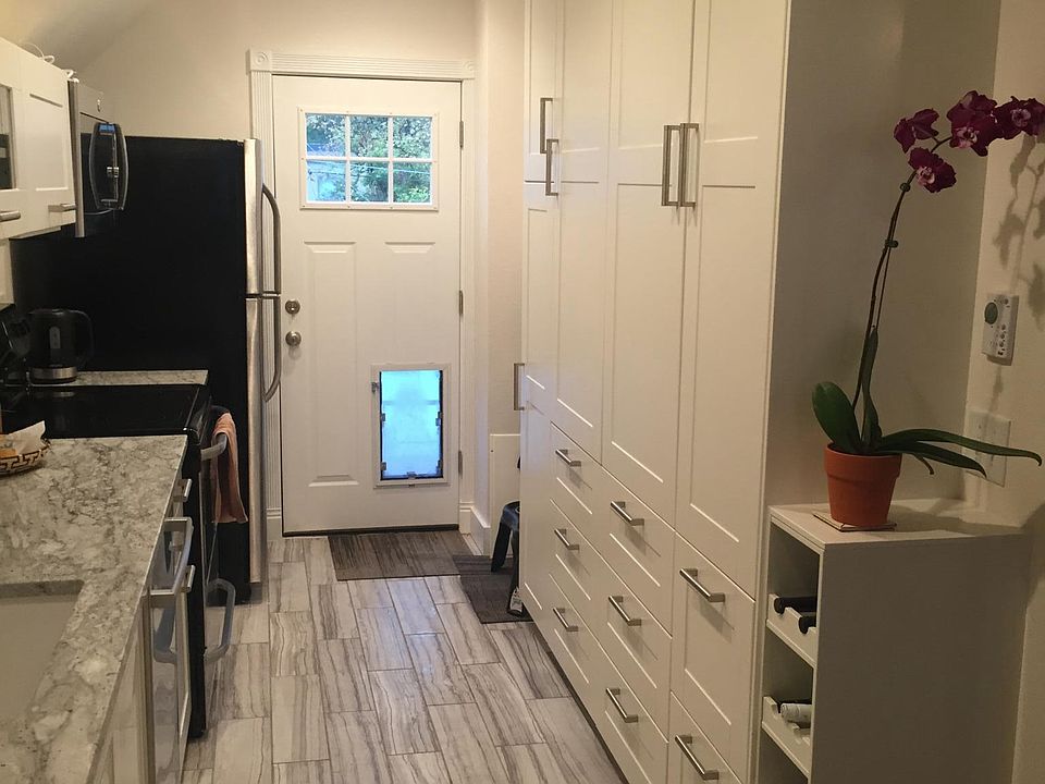 Kitchen - wall to wall cabinets and dog door to back yard