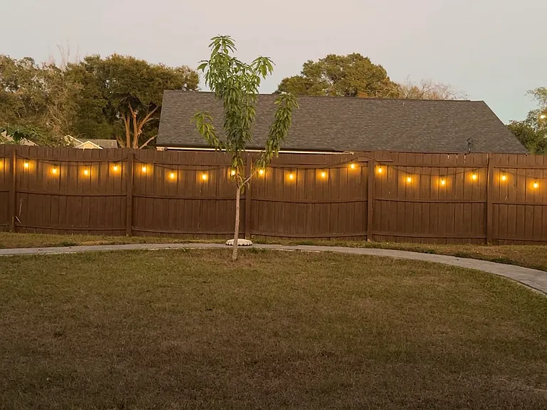 Fenced, Walking Path, & Lit Backyard. Hopefully a garden one day.