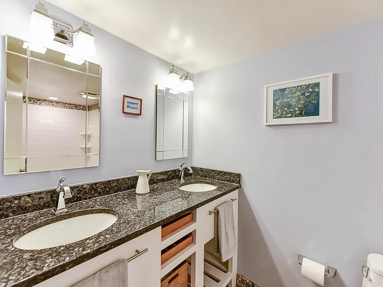 Double vanity hall bathroom with granite countertop and pebble floor.