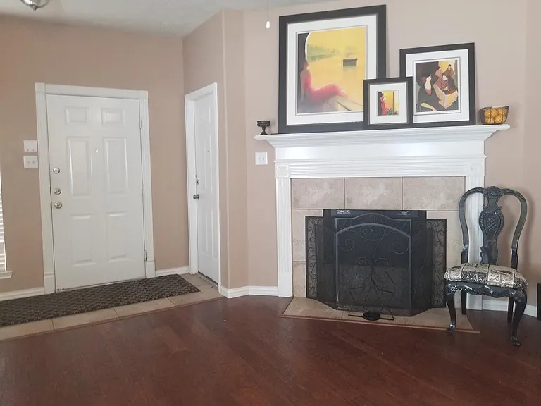 Cozy fireplace with black protective screen