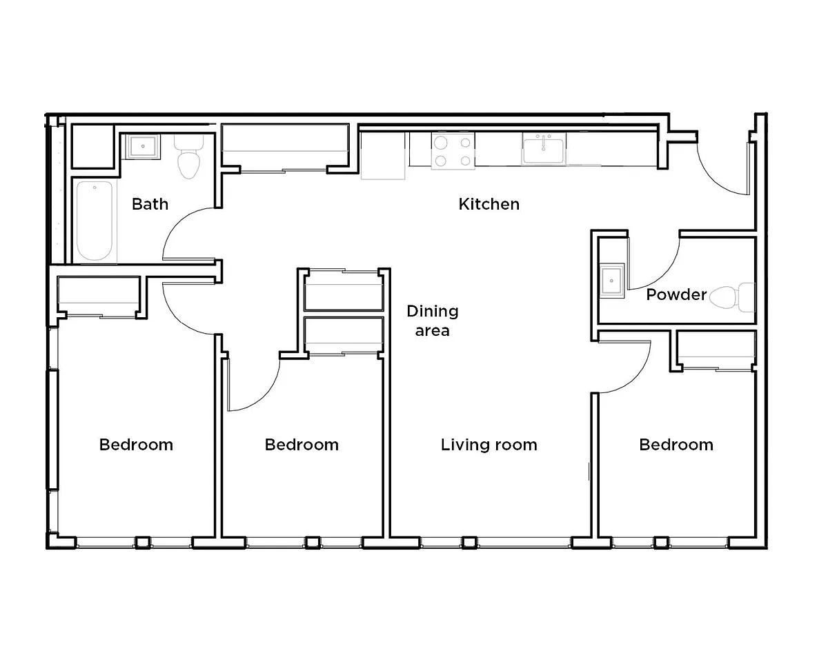 Floor plan 3 Bed, 1 Bath 60%