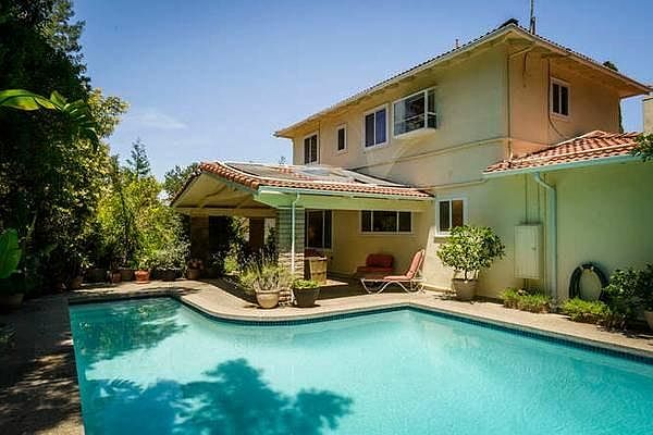 Swimming pool in backyard