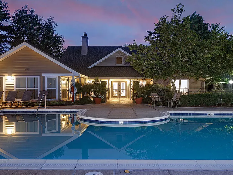Overlooking the pool and clubhouse at night