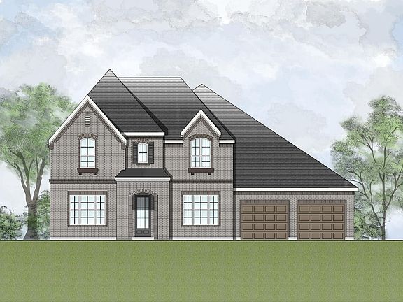 custom two-story brick home with two-car garage