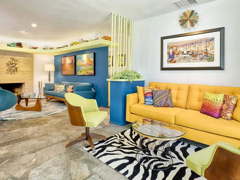 TV den with retro couch.