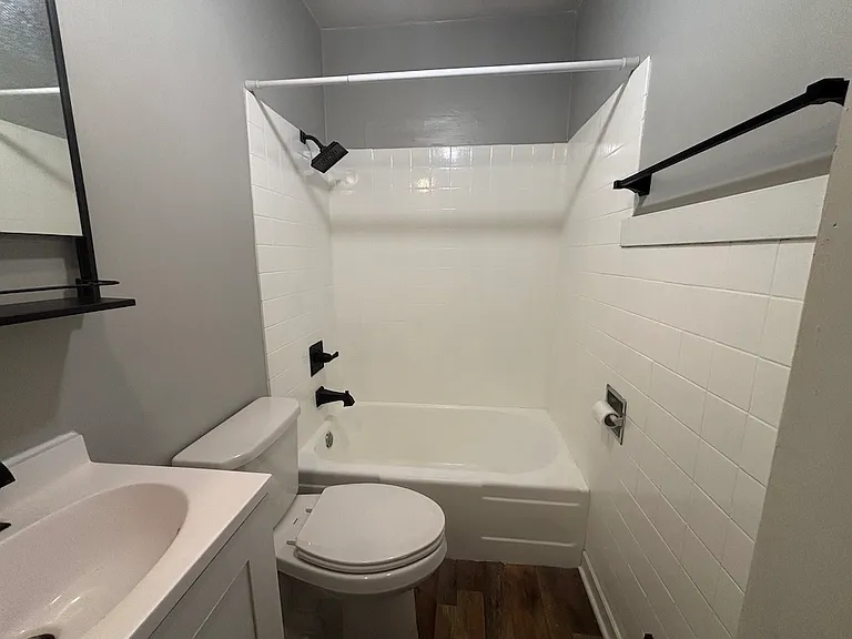 Bathroom includes Tub/Shower combo, single toilet and vanity with mirror above for added storage