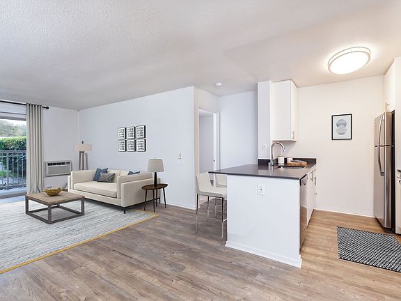 Living area and kitchen with hard surface flooring