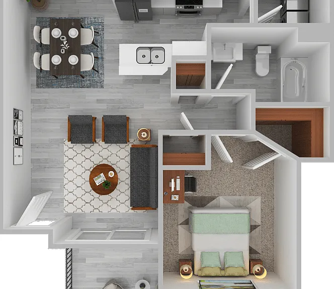 Plan F- 1 bed 1 bath Floorplan Diagram