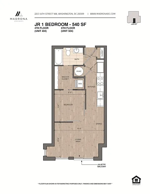 Floor plan 1Bed/Bath 407-408-507-508