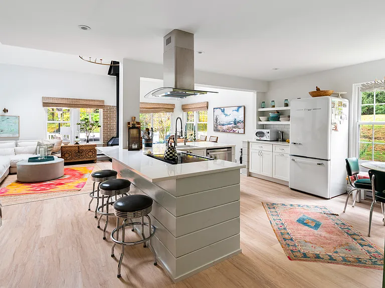 Newly renovated Kitchen, dining and living room space.