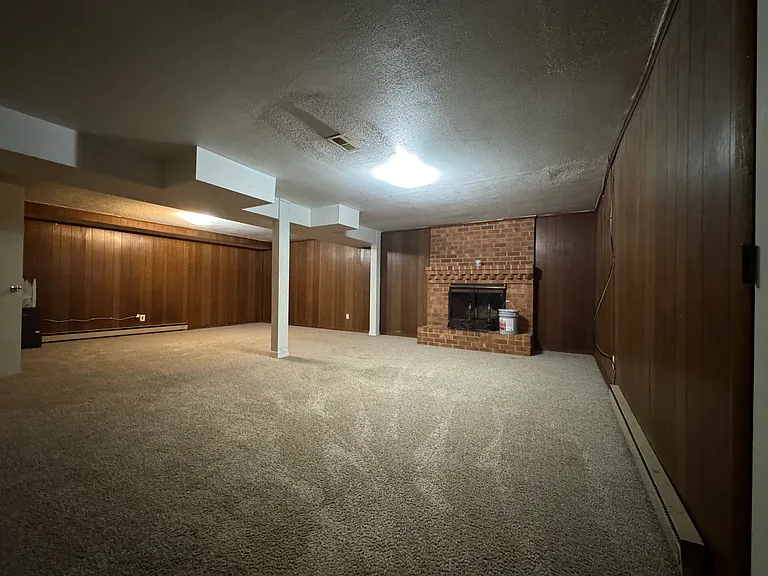 Finished side of Lower Level (large area that has a fireplace and carpeted floors)