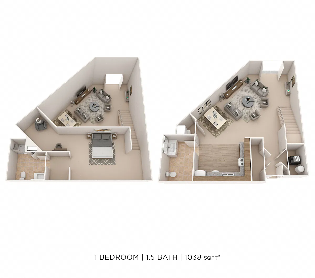 Floor plan One Bedroom 1.5 Bath- 1038 sqft