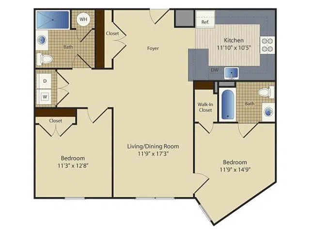 Floor plan Two Bedroom Two Bath (1005 SF)