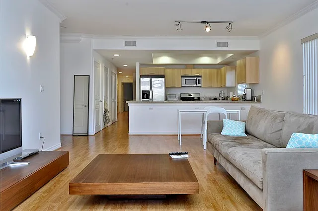 Open living/dining/kitchen with prior tenant's furniture