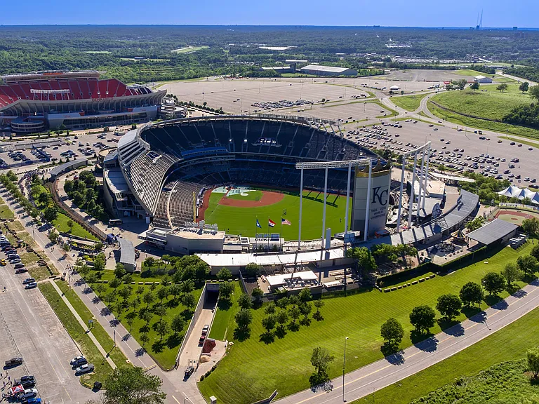 Aerial view of Kansas City's Arrowhead Stadium and Kauffman Stadium, two iconic sports venues that host unforgettable football and baseball games. Experience the excitement and energy of live sports in Kansas City.