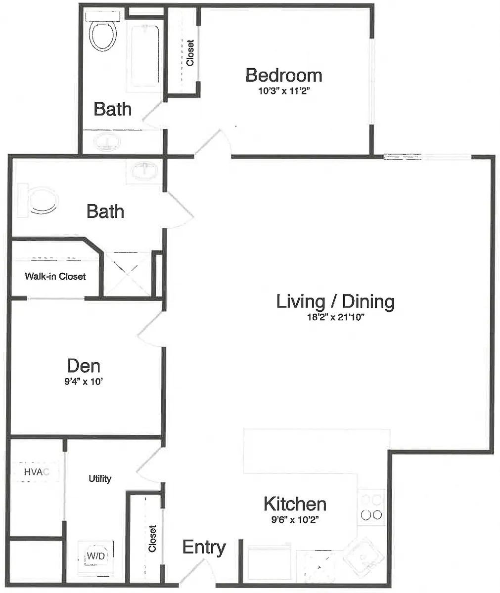 Floor plan 1 Bed/2 Bath Den-0L