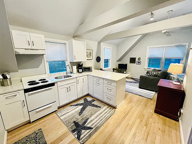 Detached Studio apartment with small kitchen, vaulted ceiling, loveseat, lounge chair, kitchen bar seating, ceiling fan, queen bed, large closet, and bathroom with shower. The Studio also has it's own laundry facilities in the garage below.
