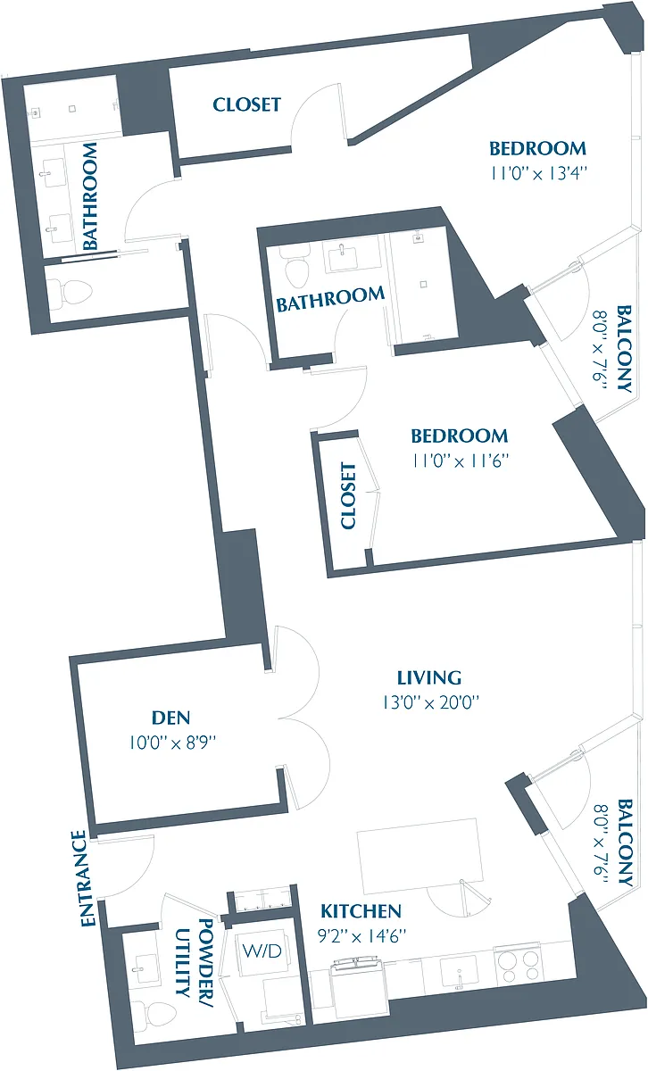 Floor plan 2BR 2.5BA w/Den (1417 SF)