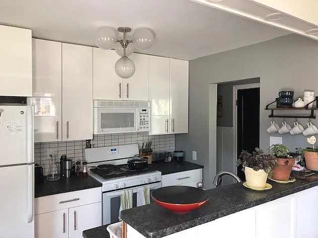 looking at kitchen from dining area
