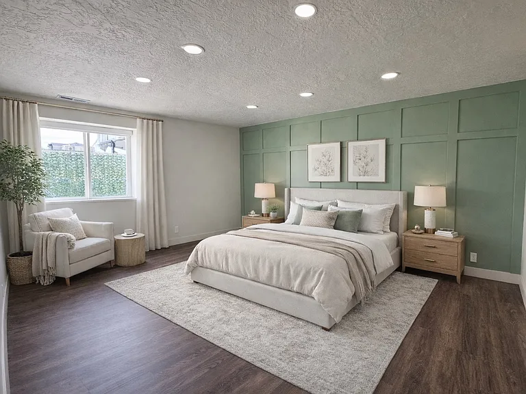 Spacious master bedroom with abundant natural light, modern finishes, and a comfortable, open layout.
