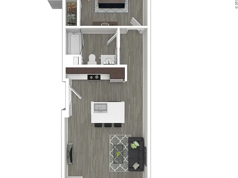 This second-level one-bedroom home features a courtyard-facing balcony, with a slider door to allow for extra sunlight. The kitchen is fully equipped with an island bar and nine-foot ceilings throughout. The bedroom has dual closets along with a full-size
