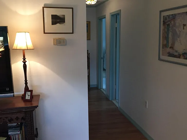 Hall from LR and Kitchen to bathroom on right and your room on the right at the end of the hall